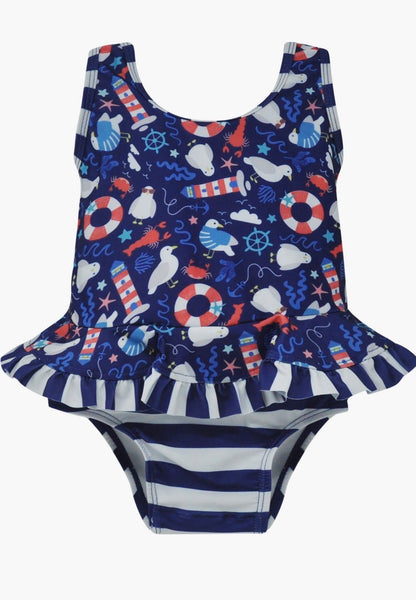Flap Happy UPF 50+ Stella Infant Ruffle Swimsuit in Seagull Shores - Kids on King