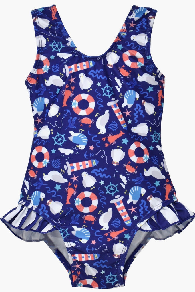 Flap Happy UPF 50+ Delaney Hip Ruffle Swimsuit in Seagull Shores - Kids on King