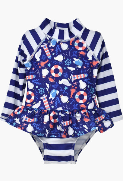 Flap Happy UPF 50+ Alissa Infant Ruffle Rash Guard Swimsuit Seagull Shores - Kids on King