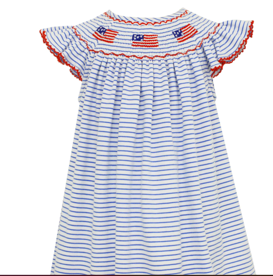 Girls Patriotic US Flag Dress Girls' Hand-Smocked US Flag Bishop Dress   White Patriotic Dress For 4th Of July & Independence Day Red White Blue  Smocked Dress
