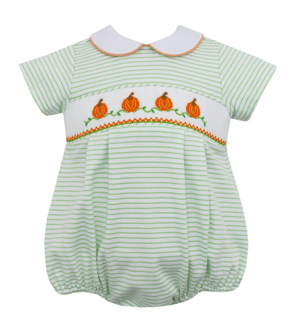 Petit Bebe Boys Green and White Stripe Smocked Pumpkin Bubble