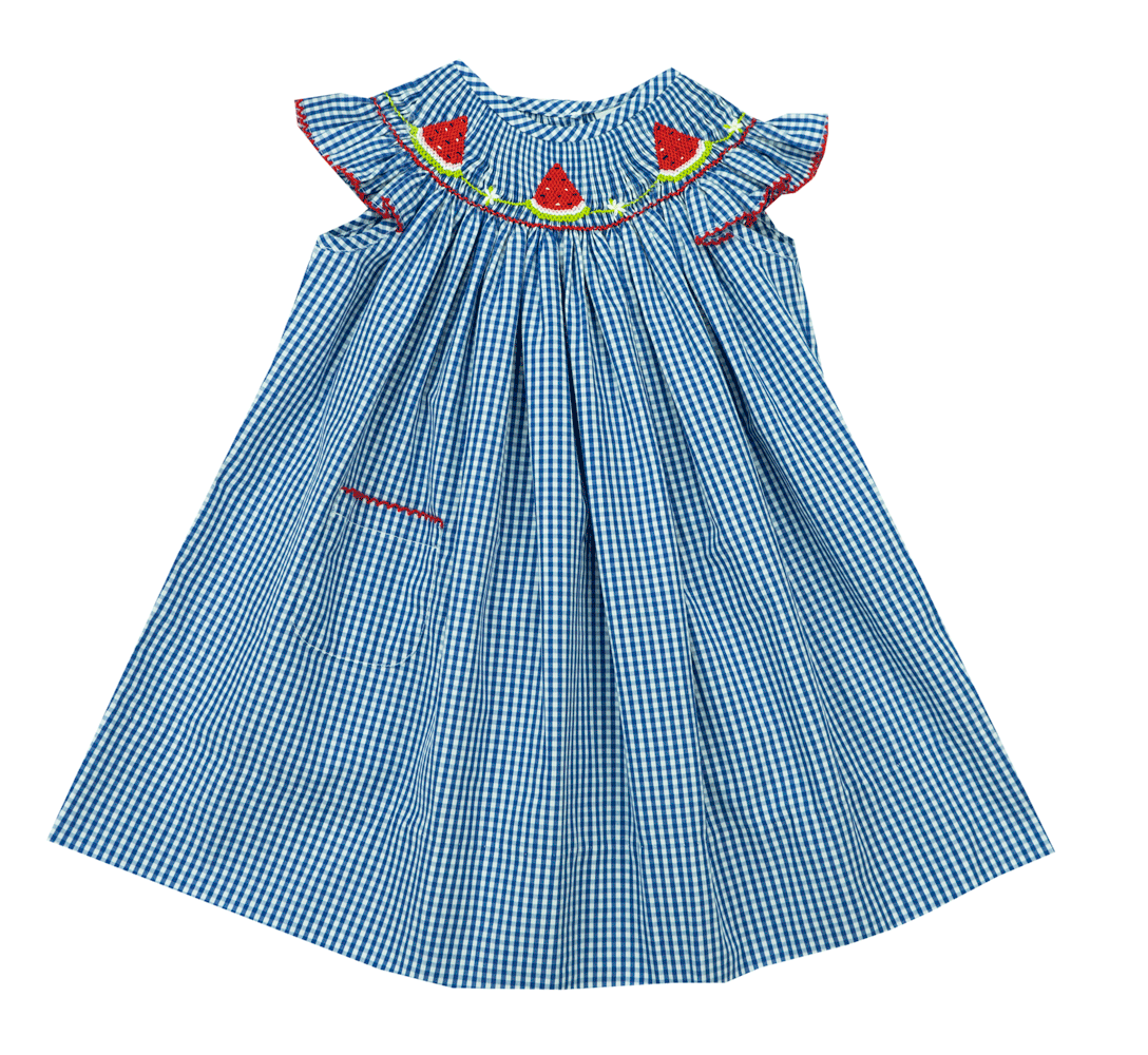 Delaney Blue Smocked Watermelon Bishop Dress – Kids on King