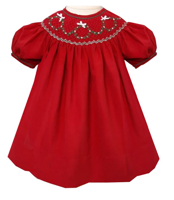 Little Threads Smocked Christmas Wreath Dress Set